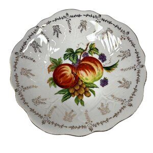 Vintage Porcelain Fruit Motif Decorative Shallow Bowl Scalloped Edge Gold Trim